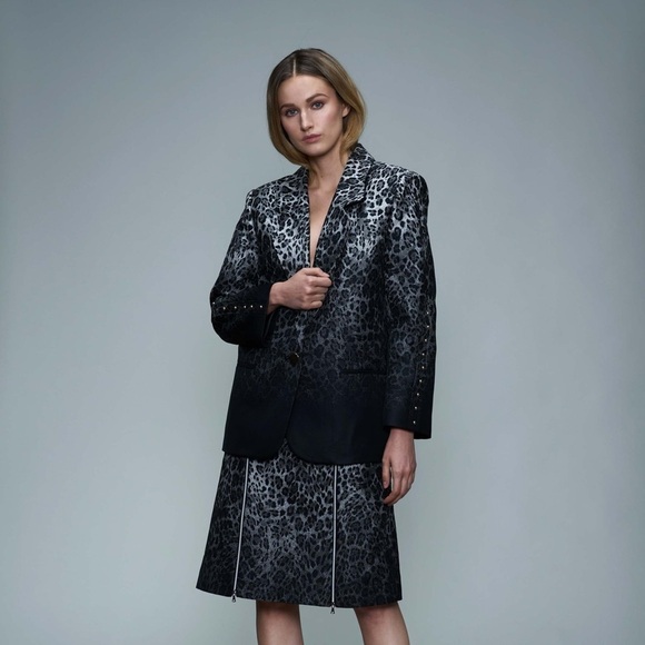 Vivienne Hu Black Gray Blue France Gradient Leopard Oversized Blazer - Picture 1 of 9